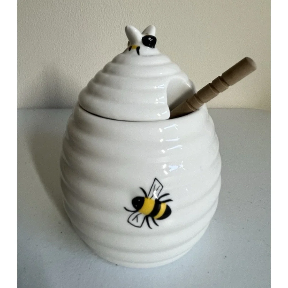 Ceramic Bee Honey Jar Wooden Dipper Beehive Kitchen Decor Cottagecore Farmhouse